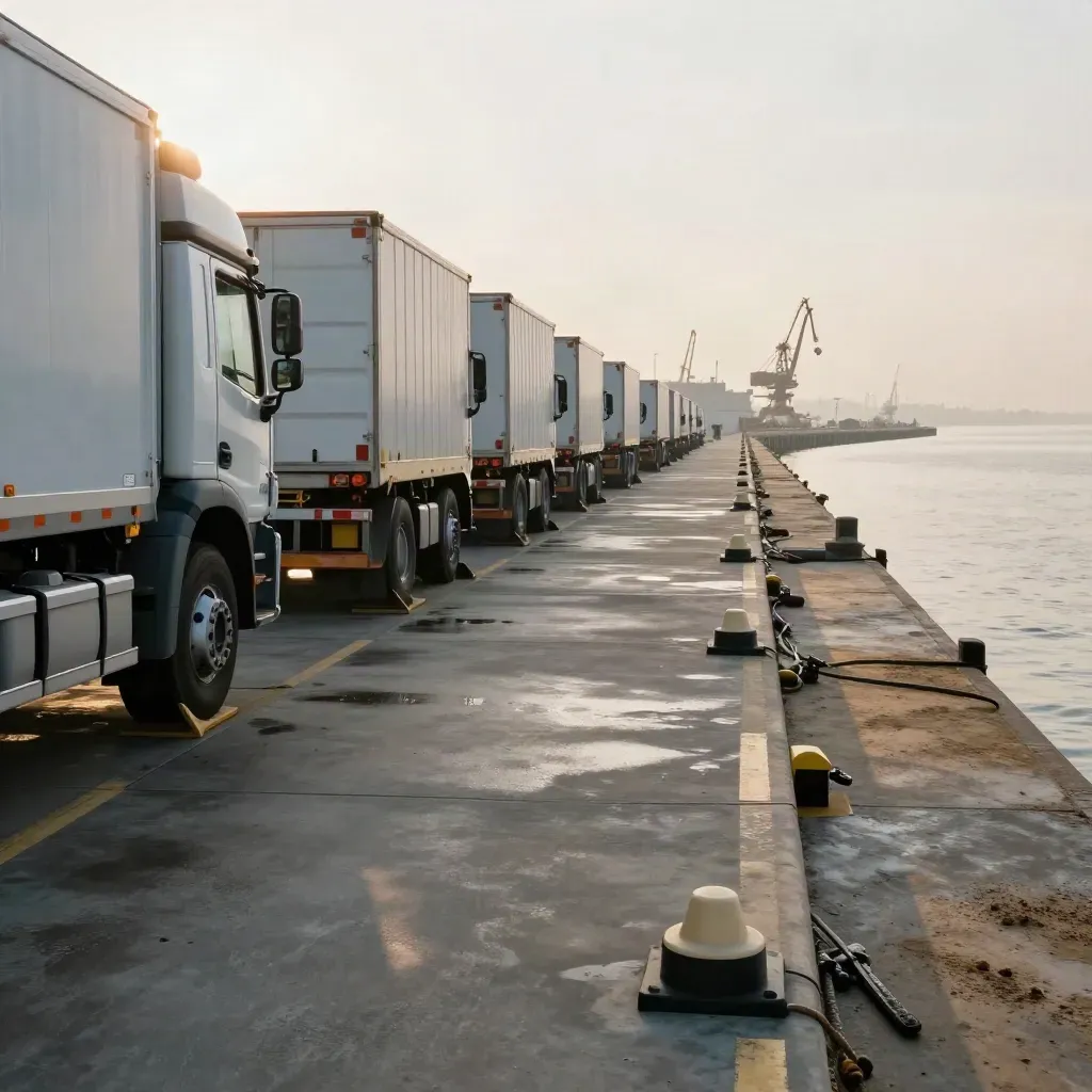 Hazy port lane with queued trailers, wheel chocks, and cream curb markers near the water.