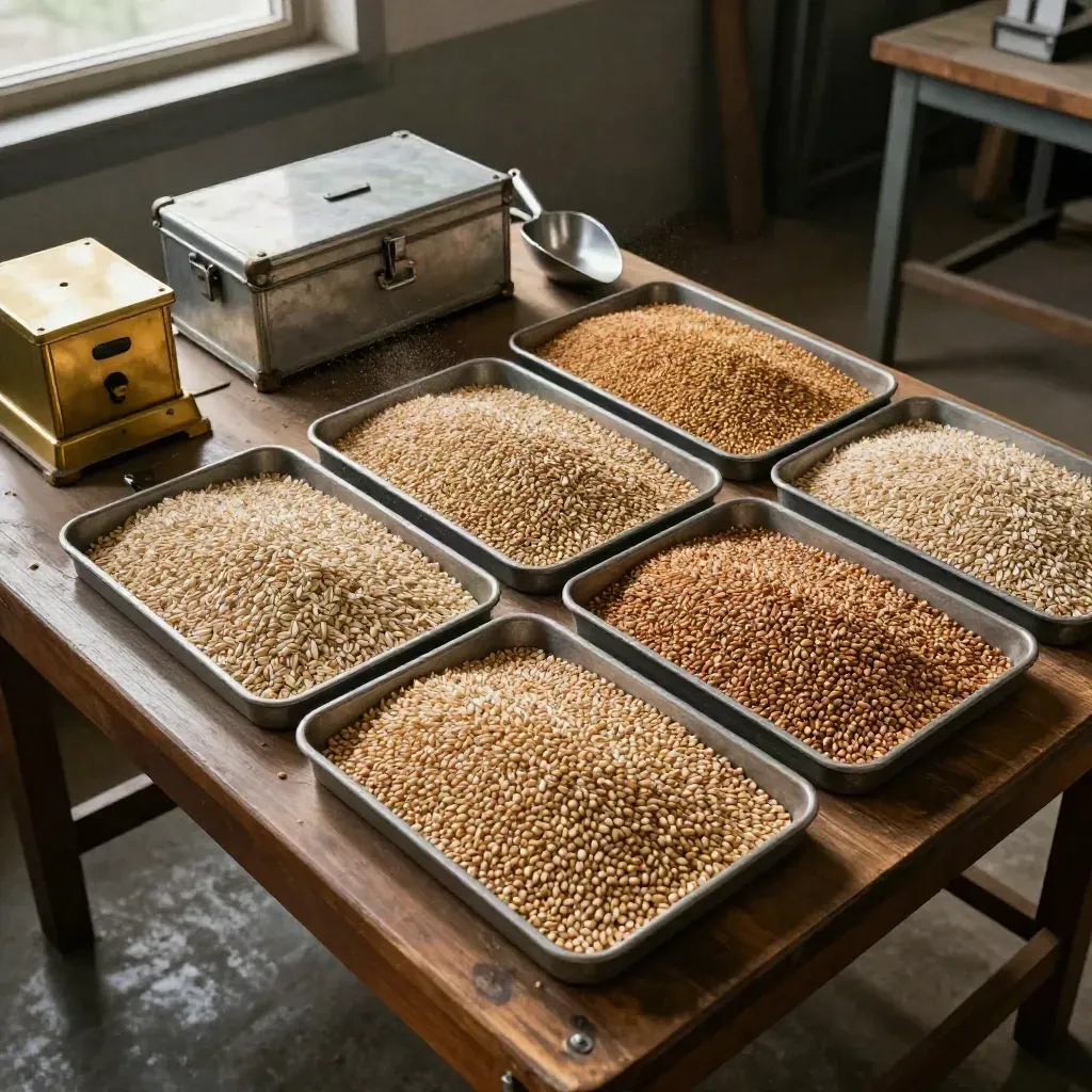 Wheat sample bench with sorted trays, brass scales, and closed cases in moody daylight.