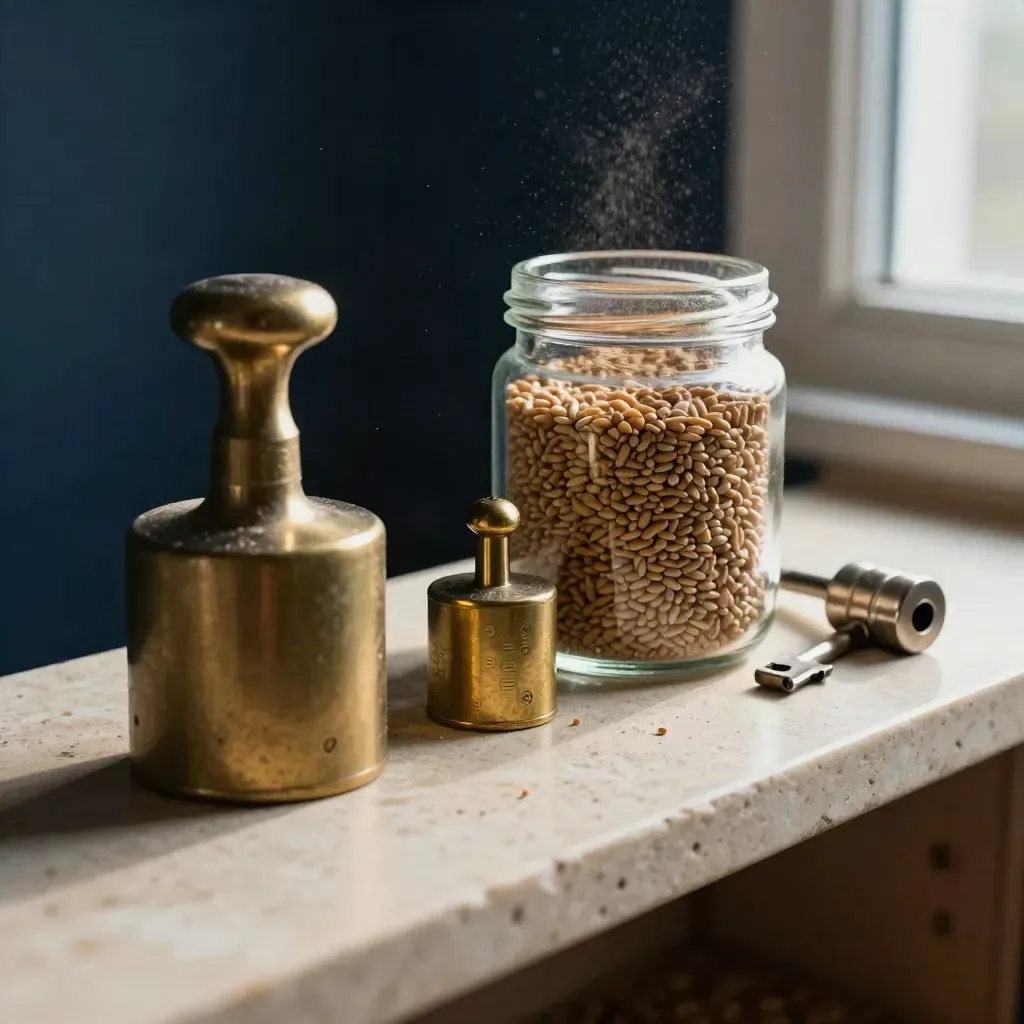 Macro still life of calibration weights, grain jar, key and brass token on travertine.