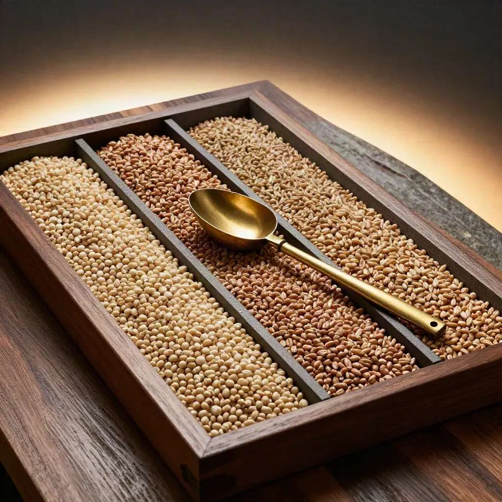 Top-down grain grading still life with wheat sample trays, brass scoop, and counting frame.
