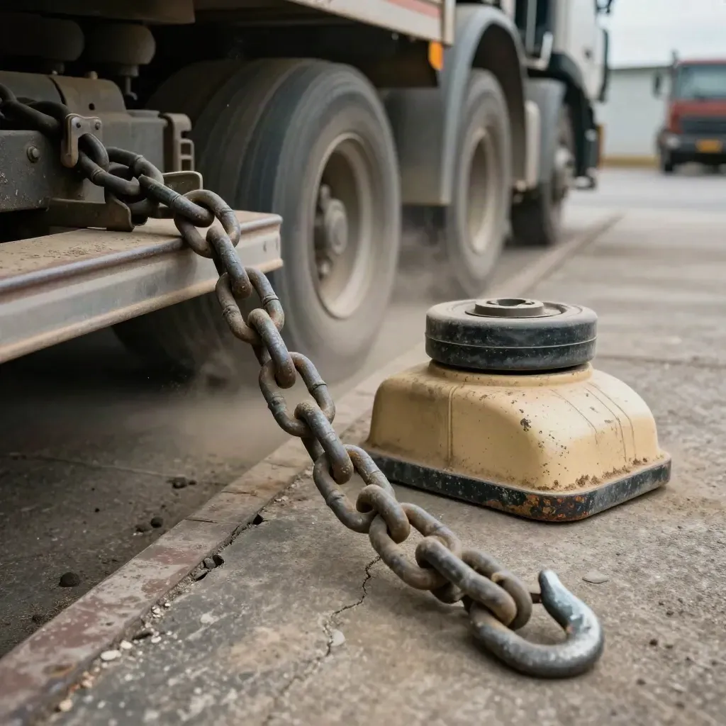 Loading dock hardware: chain, strap hook, wheel chock and worn bumper in olive and khaki tones.