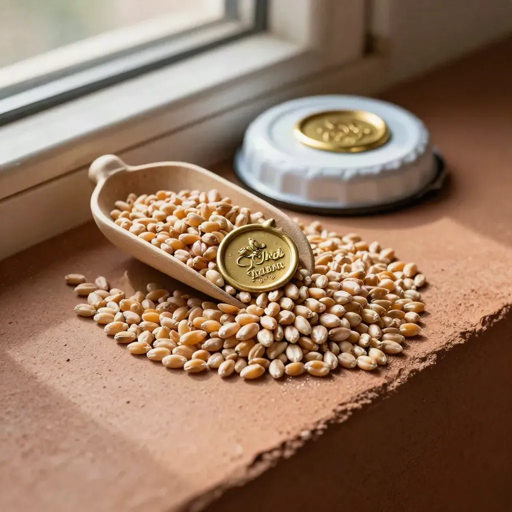 Wheat kernels beside a sealed storage token and pale bin cap on a warm grain ledge.