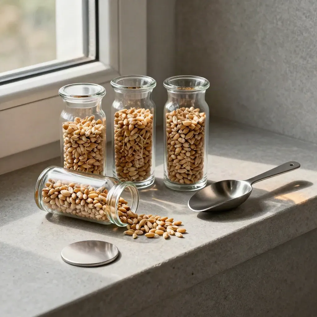 Top-down stone still life of wheat sample vials, grain scoop, and site token with amber light.