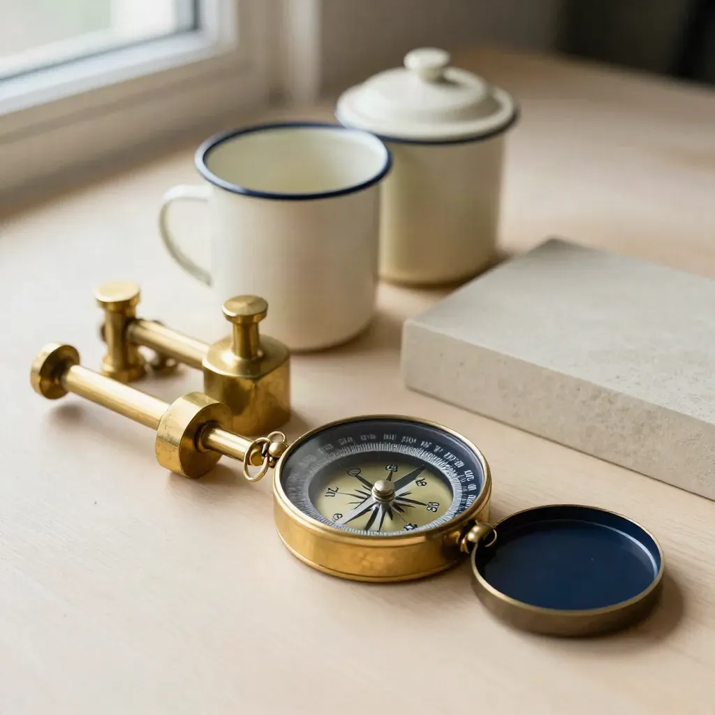 Brass weights, pocket compass, sample cups and tally block on pale wood in soft side light.