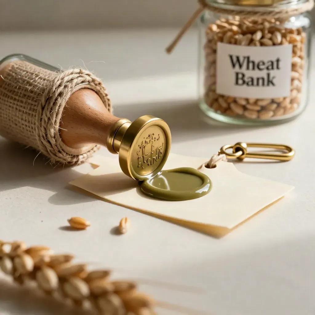 Wax seal stamp beside a cooling olive seal and tied wheat sample jar on a plaster sweep.