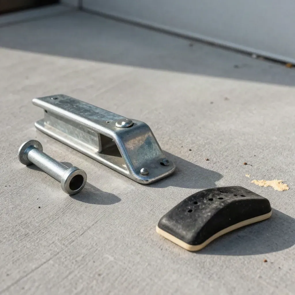Overhead flatlay of hitch pin, dock bumper, corner guard, and wheel chock on concrete