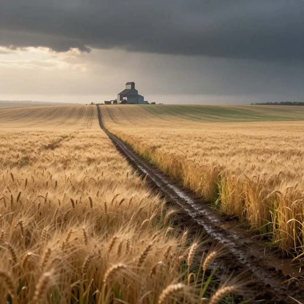 Rain-washed wheat fields with a distant grain elevator under a bright dawn sky