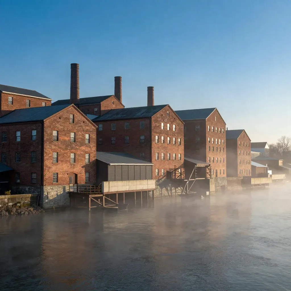 Foggy brick mill district by the river, with warehouses and rail spurs above calm water.