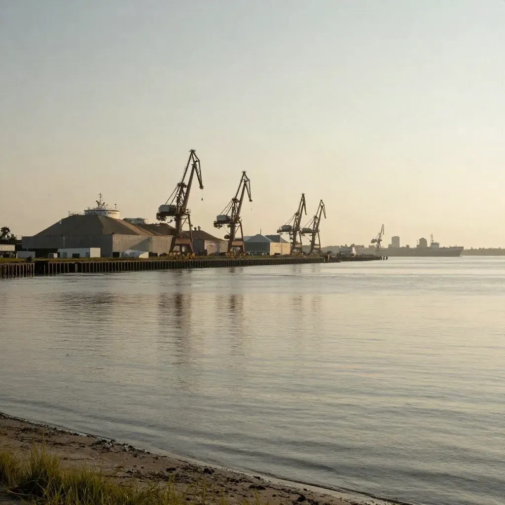 Gulf port cranes and grain terminals above calm tidal water at golden hour.