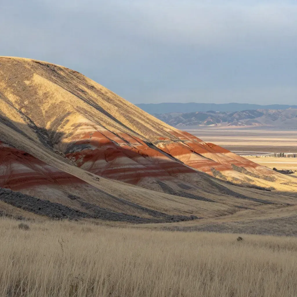 Mountain West landscape with red strata, pale grassland, rail cuts, and warm hazy light.