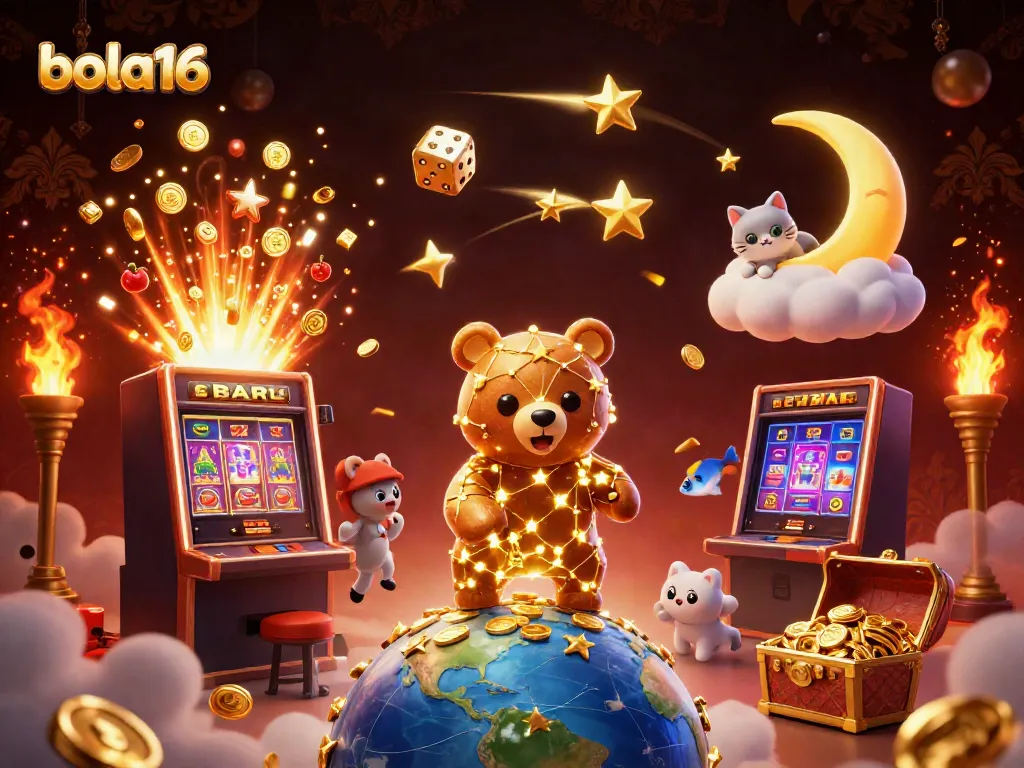 Engage with bola16's immersive gaming experience featuring vibrant casino elements and golden treasures.