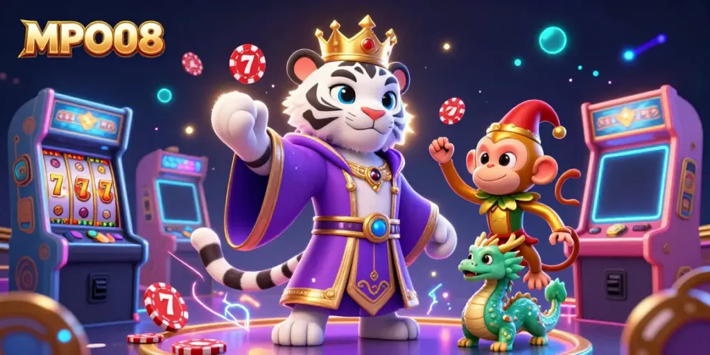 MPO08's vibrant scene featuring a royal tiger and jester monkey engaging in casino-style fun with slot reels.
