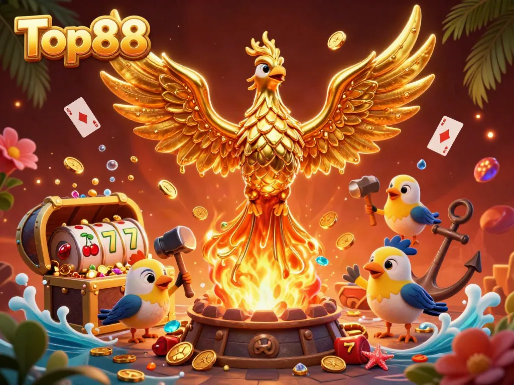 Experience the thrill of Top88 with a golden phoenix revealing treasures and slot games in a vibrant casino scene.