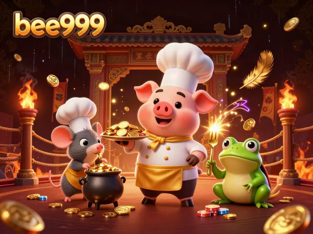 Experience winning action at bee999 with a chef pig serving gold coins surrounded by casino elements.