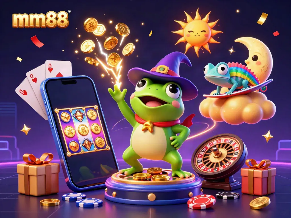 Experience excitement with the mm88 animated casino scene of golden coins and jackpot elements.