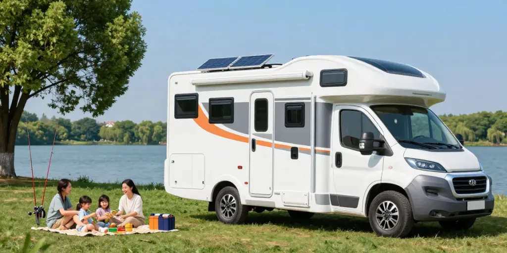 12v batteries powering an RV at a lakeside picnic, showcasing modern lithium technology.