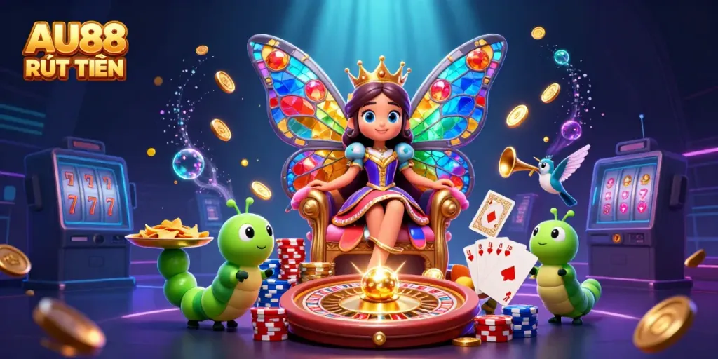 Engaging AU88 RÚT TIỀN illustration with a butterfly queen and casino elements showcasing vibrant colors.