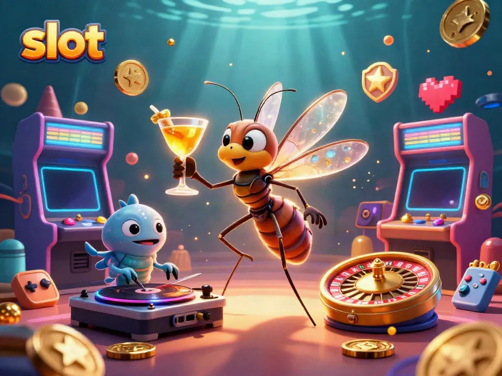 Engage with the slot gaming universe featuring a cartoon mosquito mascot, trilobite DJ, and golden roulette wheel.