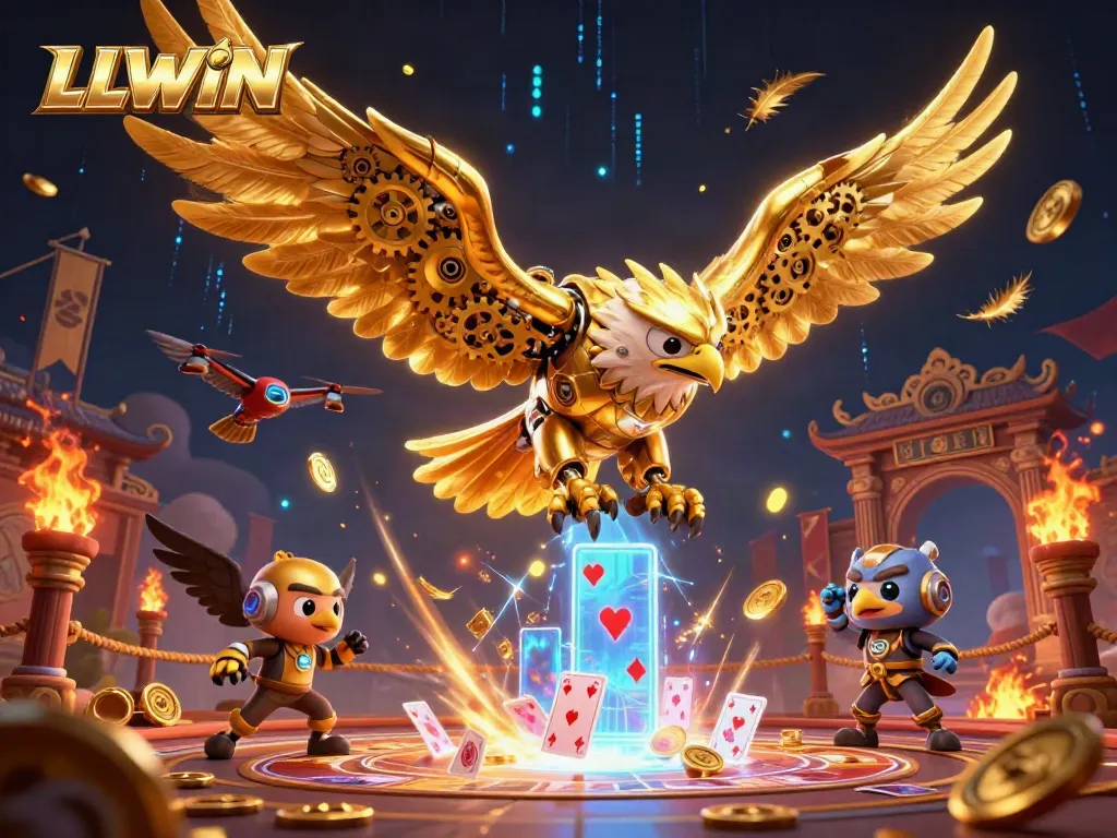 LLWIN features a cybernetic eagle soaring through holographic cards in a dynamic casino illustration.