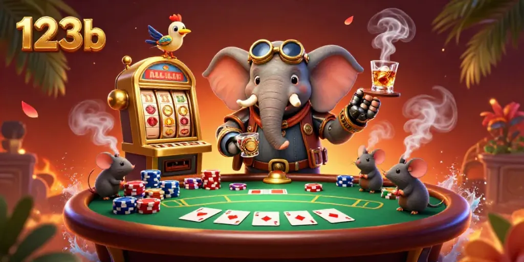 Experience the fun of gambling with 123b through a vibrant steampunk scene featuring a slot machine and poker setup.