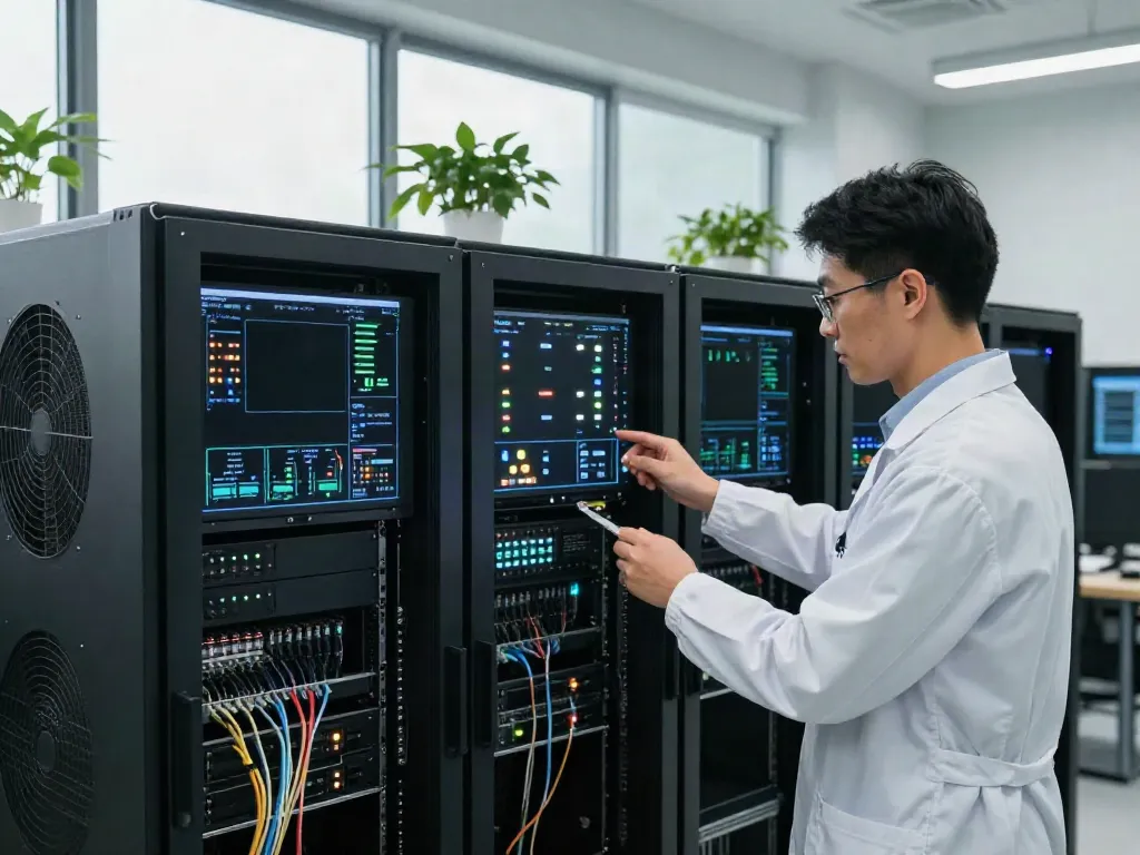 AI infrastructure management in a modern data center with GPUs and performance screens.