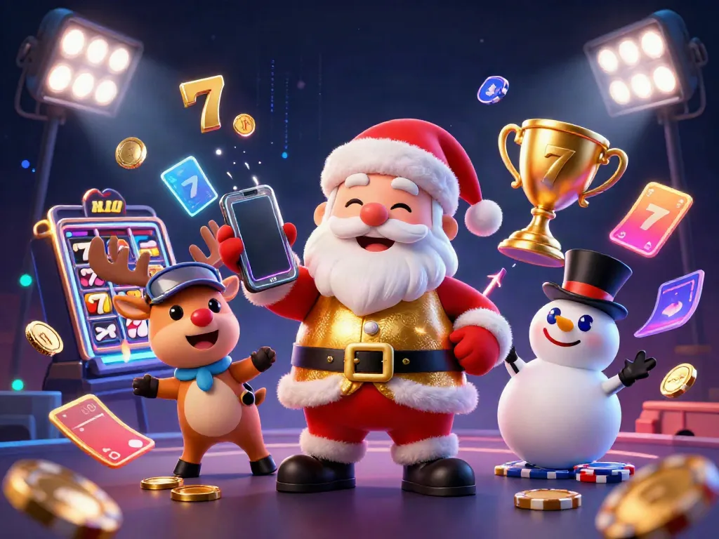 M110 slots scene featuring a cartoon Santa with jackpot symbols, sports elements, and a festive atmosphere.