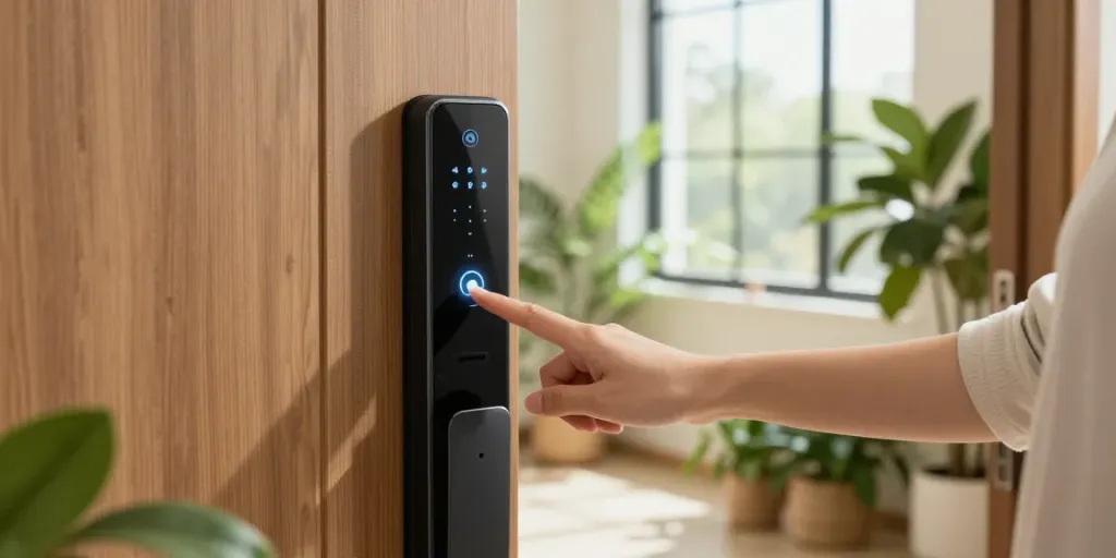 Stylish قفل هوشمند on a modern wooden door, showing biometric access feature.
