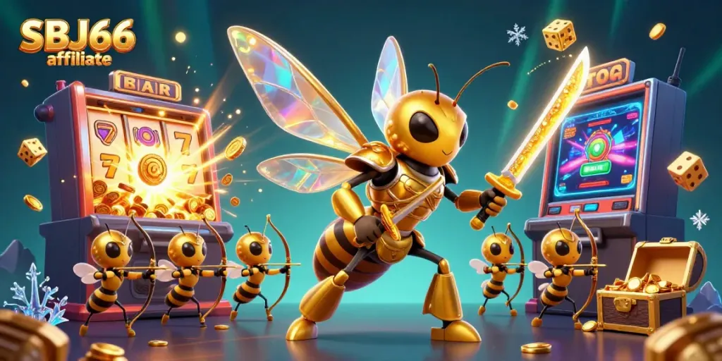 Engage with SBJ66 affiliate showcasing a dynamic 3D scene of a samurai hornet and bee archers in a casino game explosion.