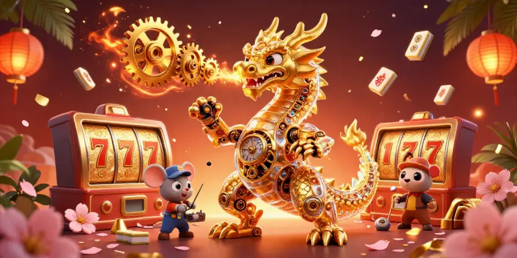 Engage with the vibrant world of mm88 online gaming filled with golden slot reels, dragon characters, and dynamic casino elements.