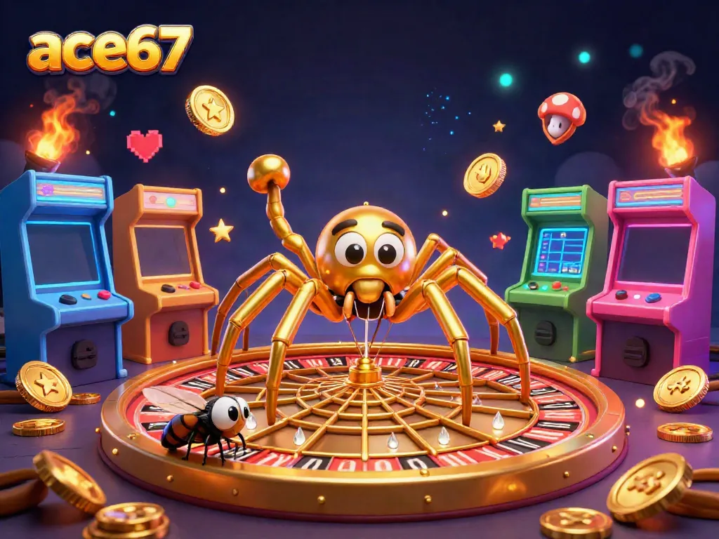 Experience ace67's vibrant casino illustration with a spinning roulette web and animated characters.