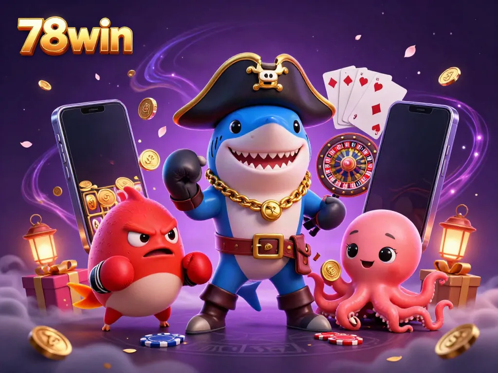 Experience thrilling gaming with 78win illustrated by a pirate shark and friends in this dynamic casino scene.