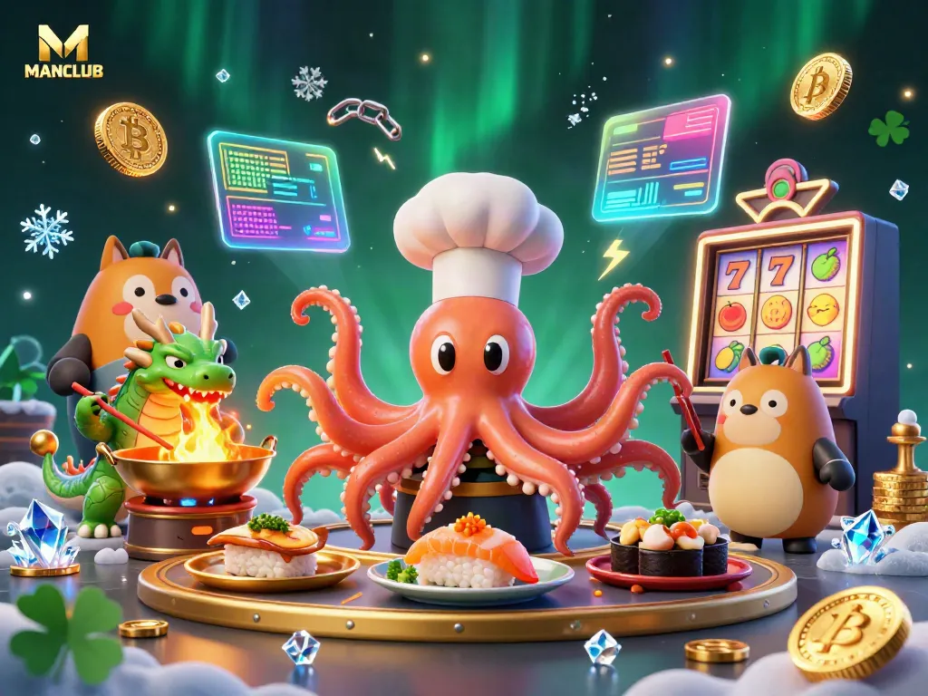 Catch the excitement at MANCLUB with a jackpot-themed 3D scene featuring a cartoon octopus chef and a winning atmosphere.