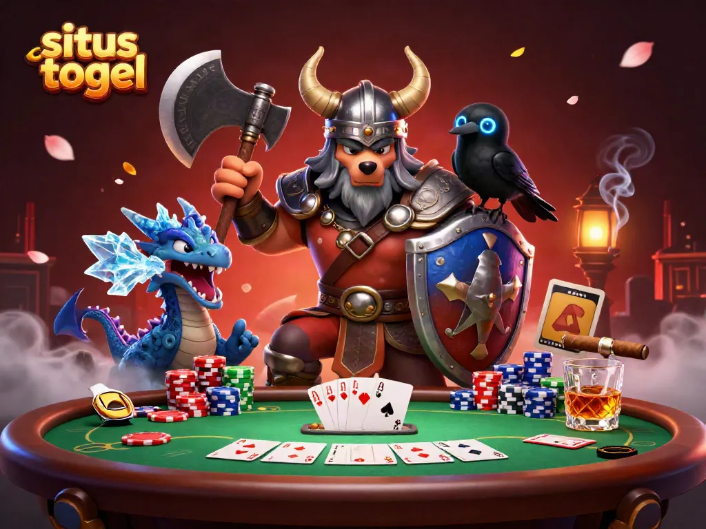 Engage in situs togel action with a Viking wolf warrior, dragon, and dynamic gaming scene.