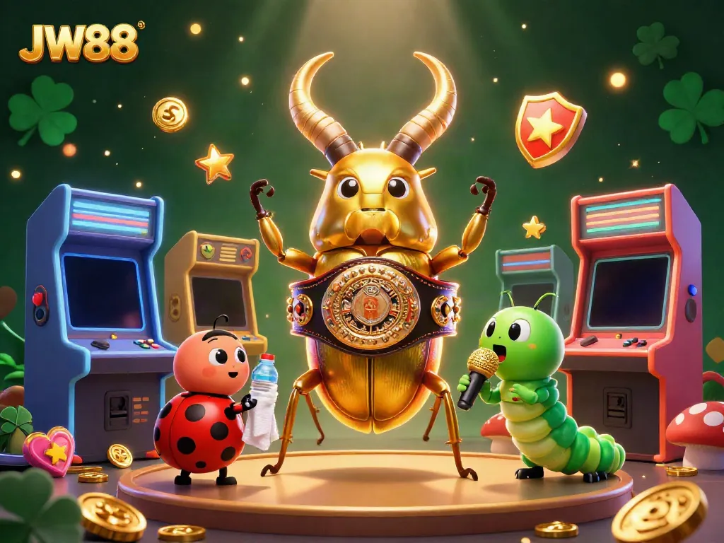 Engage with JW88's vibrant casino environment featuring a golden stag beetle champion in a dynamic arcade scene.