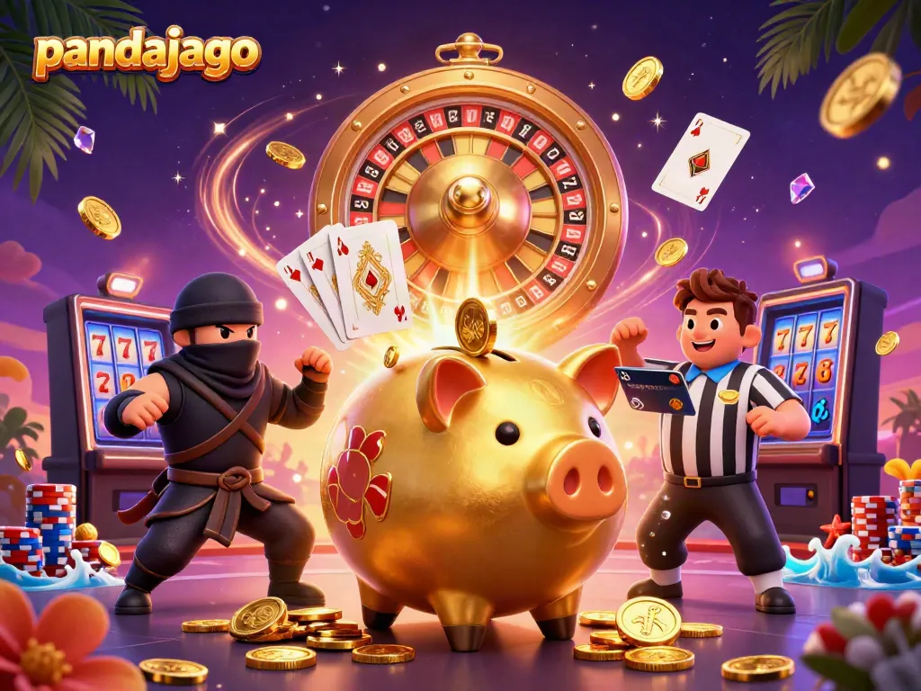 Pandajago menghadirkan suasana kasino dengan pematung piggy bank sumo dan teman-teman, jackpot berkilauan, dan koin emas yang melimpah.