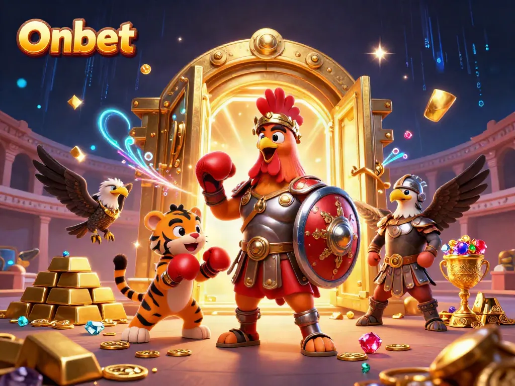 Experience gaming adventure at Onbet with a 3D gladiator rooster and treasure-filled scene.