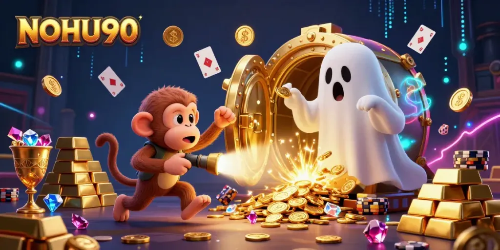 Experience the thrill of NOHU90 with a mischievous poltergeist monkey and a curious puppy in a magical casino.