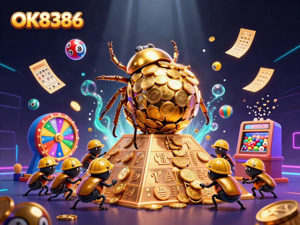 Experience thrilling play with OK8386's massive golden beetles rolling golden coin jackpots amidst lottery excitement.