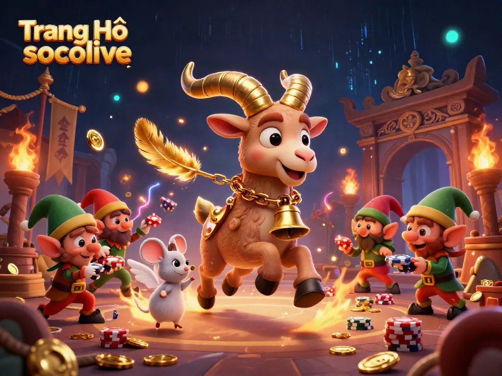 Experience action at the Trang Chủ socolive with festive characters in a dynamic casino scene.