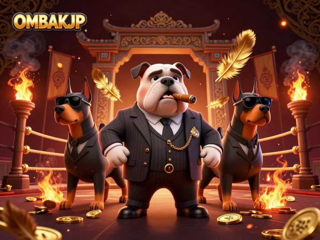 Engaging scene featuring OMBAKJP casino characters in a fighting arena, surrounded by dynamic gambling elements.