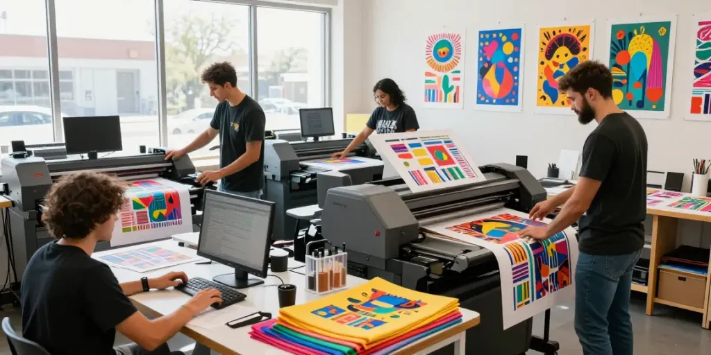 DTF gang sheet designs being uploaded and printed in a vibrant Sacramento print shop.