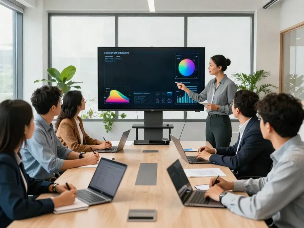 Engaging strategy meeting with a leadership coach Connecticut guiding a diverse team in a corporate workspace.