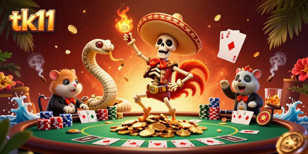 tk11 engages players as a skeleton mariachi rooster dances atop golden coins in an exciting casino scene.