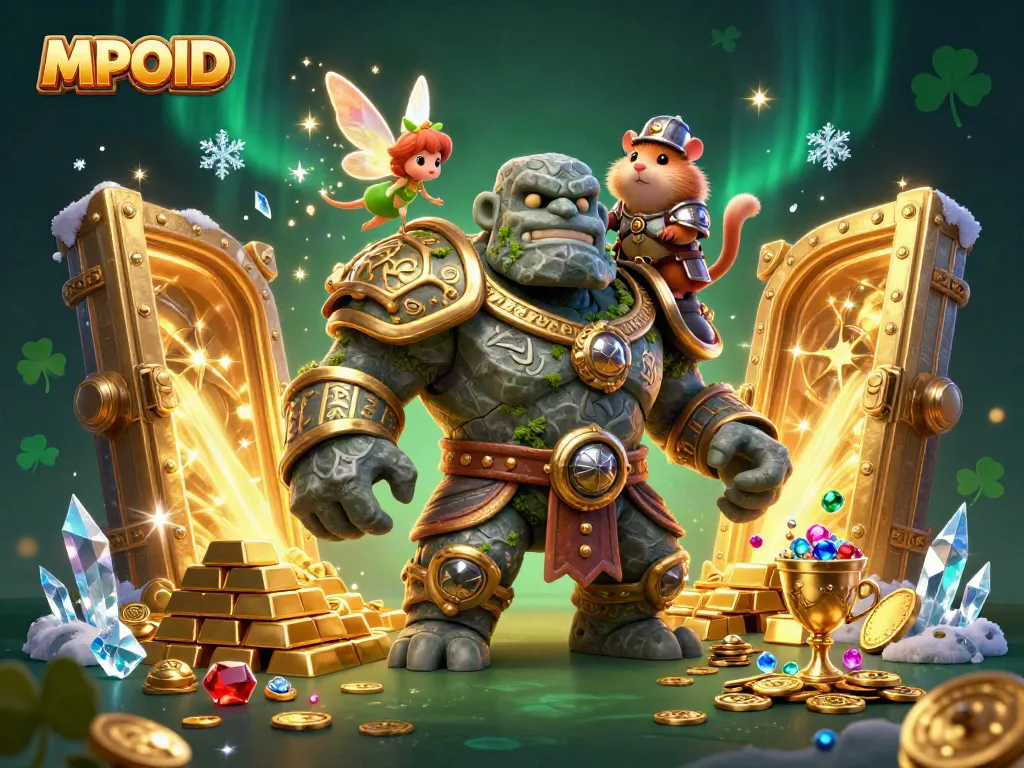 MPOID offers a vibrant 3D illustration showcasing a golem, fairy, and hamster in a magical casino treasure scene with dynamic elements.