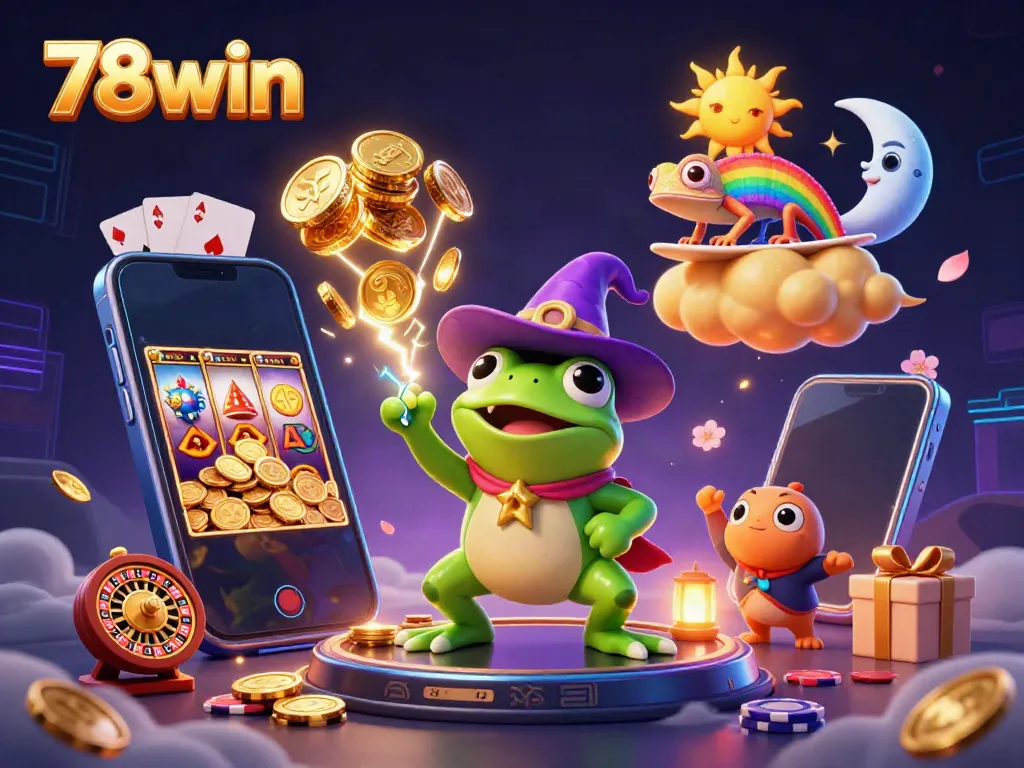 Engage with 78win’s thrilling casino world through an action-packed illustration of gaming excitement, featuring vibrant characters and elements.