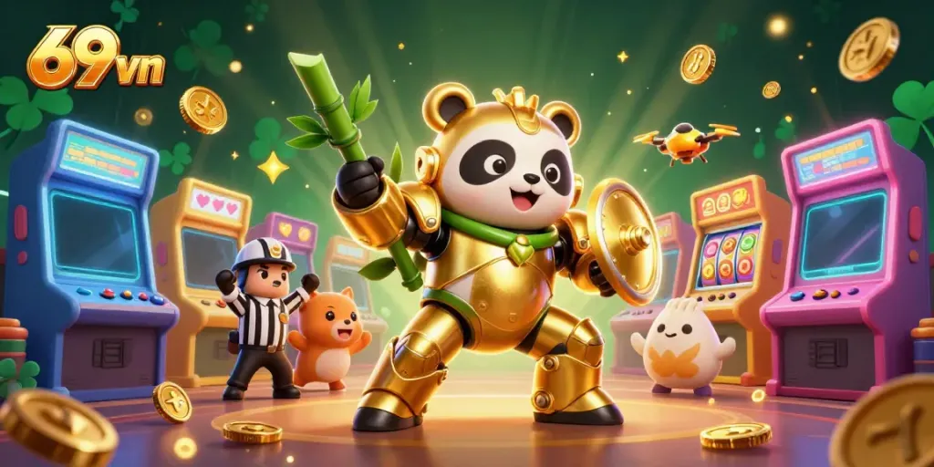 Join the thrilling action of 69 vn with a golden panda mech battling in a vibrant casino arena filled with colorful games.