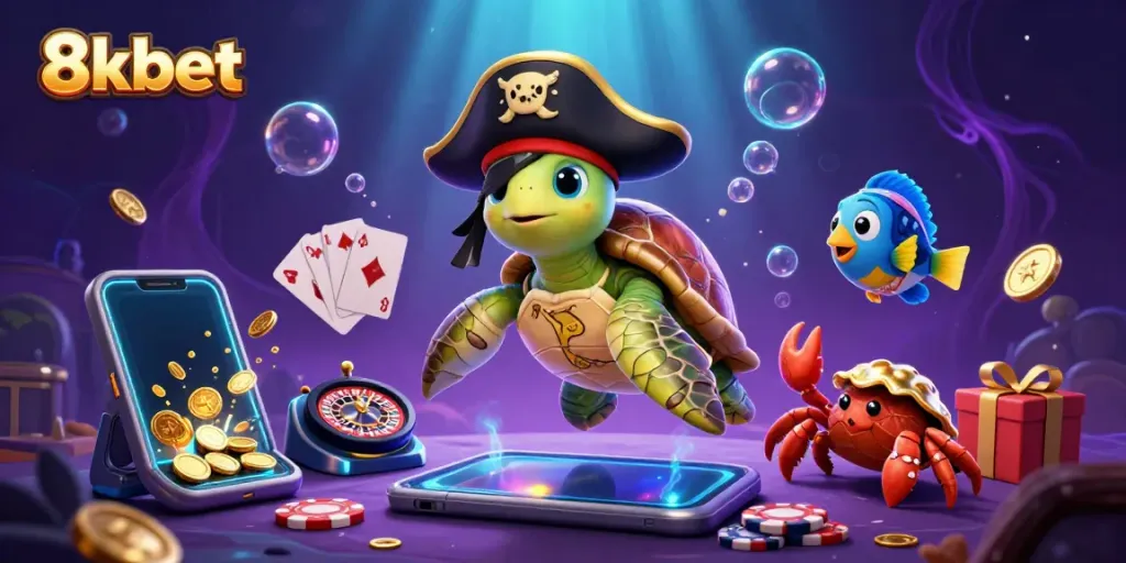 Enjoy thrilling entertainment with 8xbet, featuring a captivating underwater casino scene with vibrant characters.