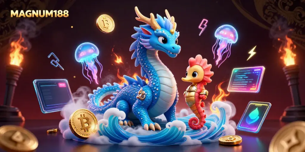 Engage in exhilarating gaming with MAGNUM188 featuring a vibrant water dragon and digital crypto elements.