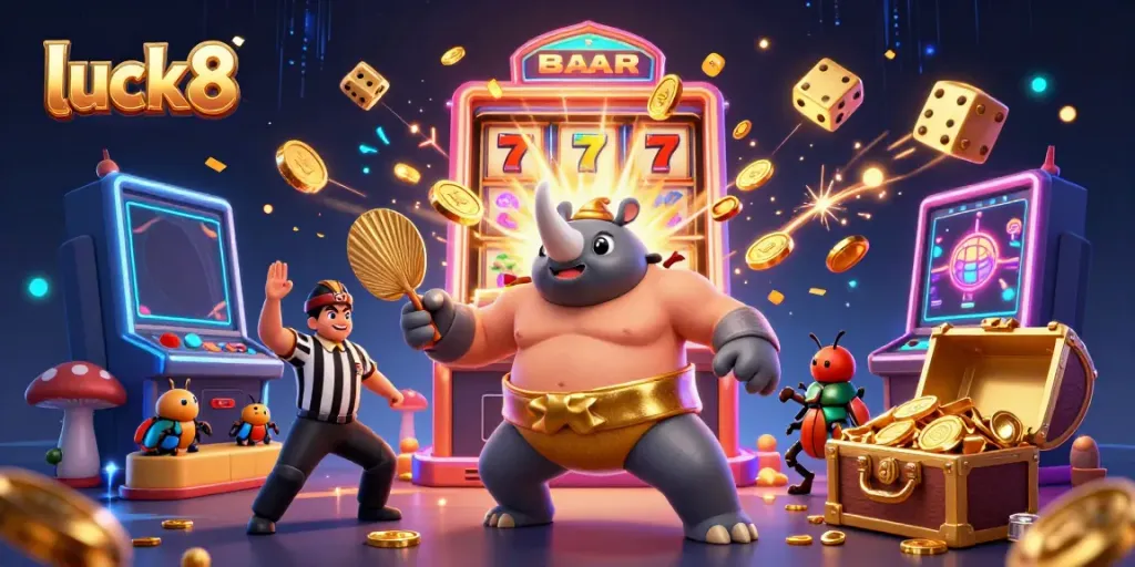 Engage with luck8’s thrilling casino atmosphere as beetle characters celebrate a jackpot explosion.
