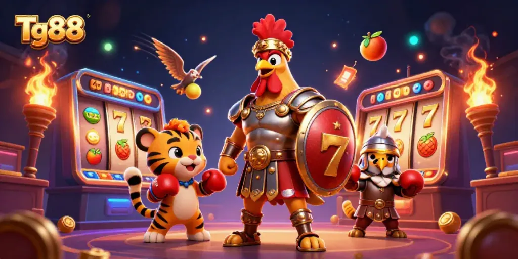 Tg88 showcases an energetic casino scene with a gladiator rooster, sparring cub, and eagle symbols.